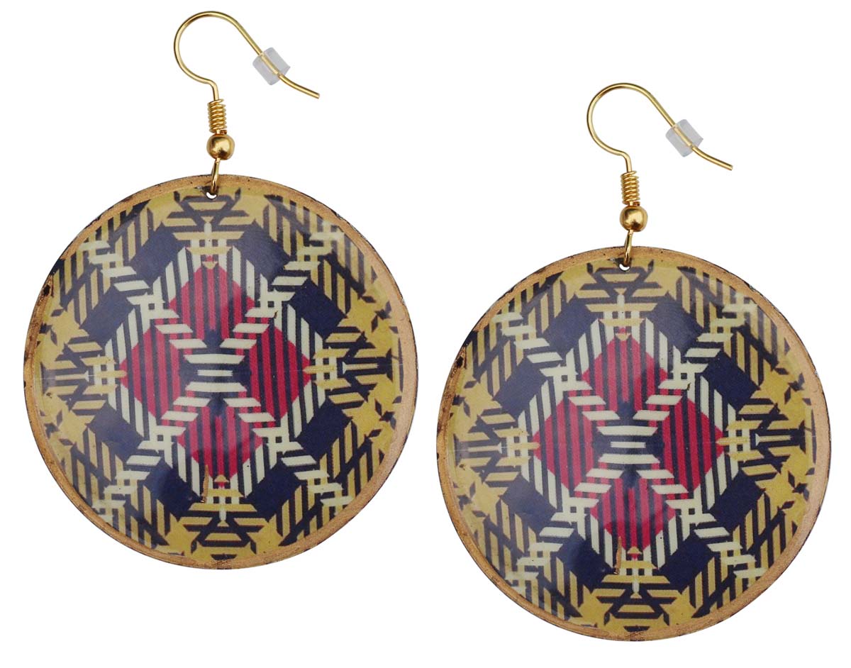2.5” Pair of Round Hook Earrings in Brass - Red Yellow Chequered Pattern - Drop Earrings / Women Fashion Jewelry - Buy in Bulk Wholesale